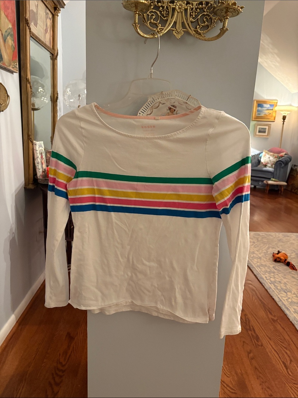 Boden White Long-Sleeve Baseball Tee with Bright Multi-Stripe Detail